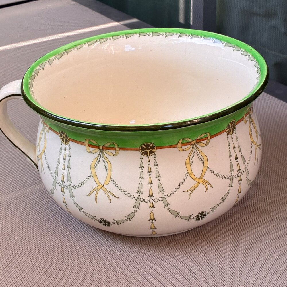 RARE 1900s Victorian Royal Doulton chamber pot, ‘Addison’ pattern~ Green & Gold